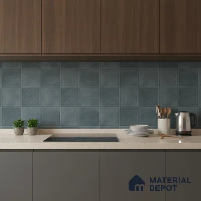 Modern kitchen with walnut laminate cabinets, blue square backsplash tiles, and beige quartz countertop