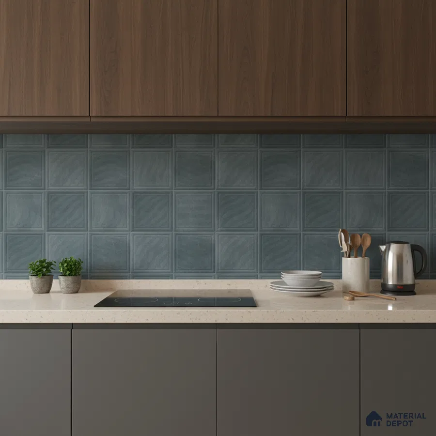 Modern kitchen with walnut laminate cabinets, blue square backsplash tiles, and beige quartz countertop