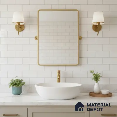 Modern bathroom with white subway wall tiles and white quartz countertop