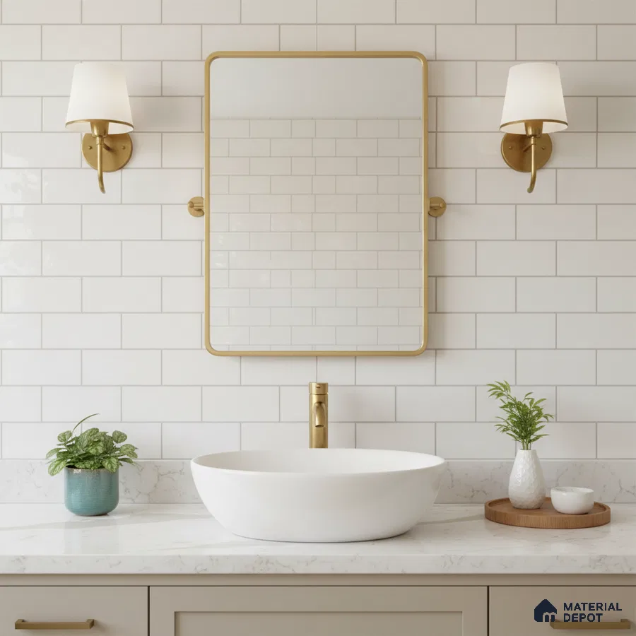 Modern bathroom with white subway wall tiles and white quartz countertop