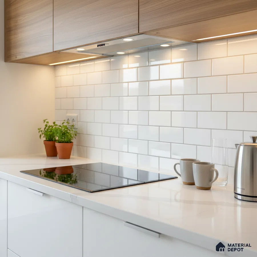 Modern kitchen with white quartz countertop, white subway backsplash tile, and light oak laminate cabinets