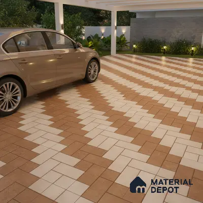 Modern parking with terracotta and beige geometric floor tiles