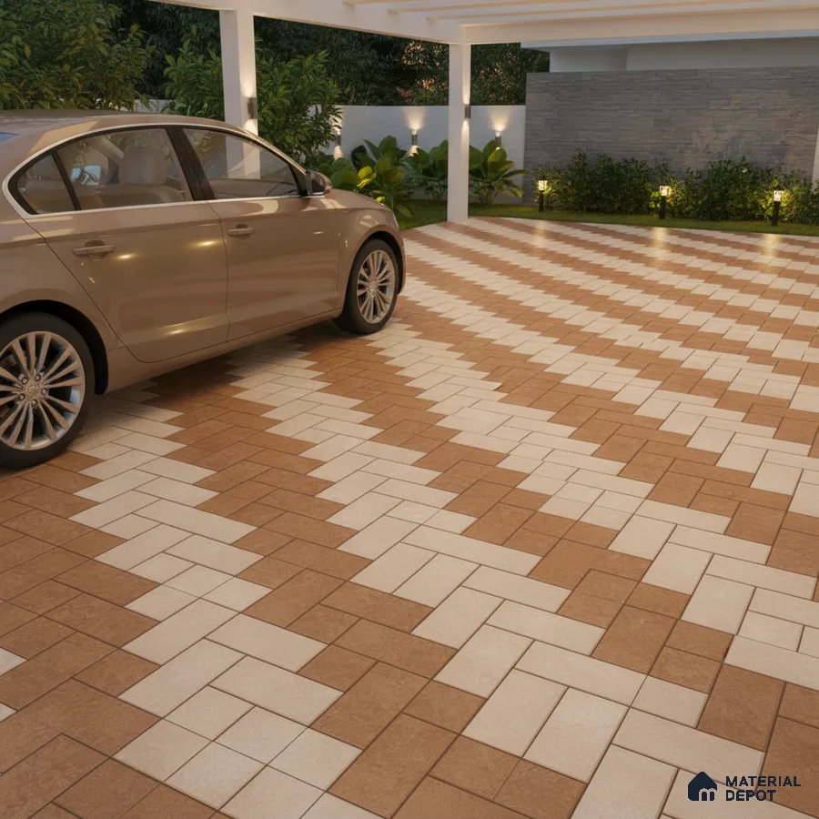 Modern parking with terracotta and beige geometric floor tiles