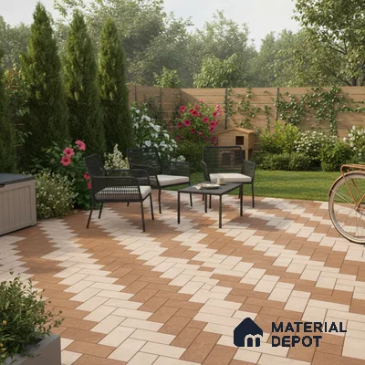 Modern outdoor patio with terracotta and beige geometric floor tiles