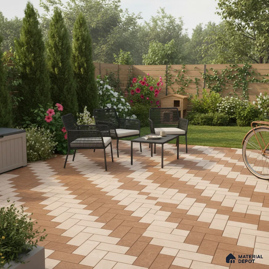 Modern outdoor patio with terracotta and beige geometric floor tiles