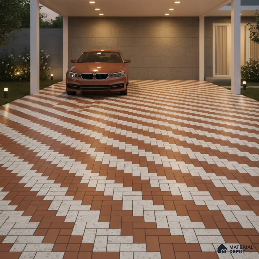 Modern parking with terracotta and white patterned herringbone floor tiles