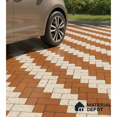 Modern parking area with terracotta and beige geometric floor tiles