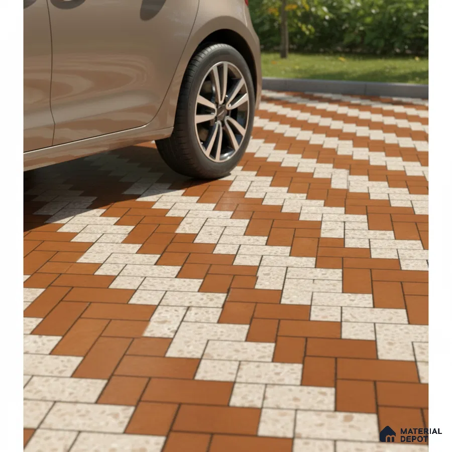 Modern parking area with terracotta and beige geometric floor tiles