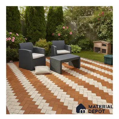 Modern outdoor patio with terracotta and ivory herringbone floor tiles and rattan furniture