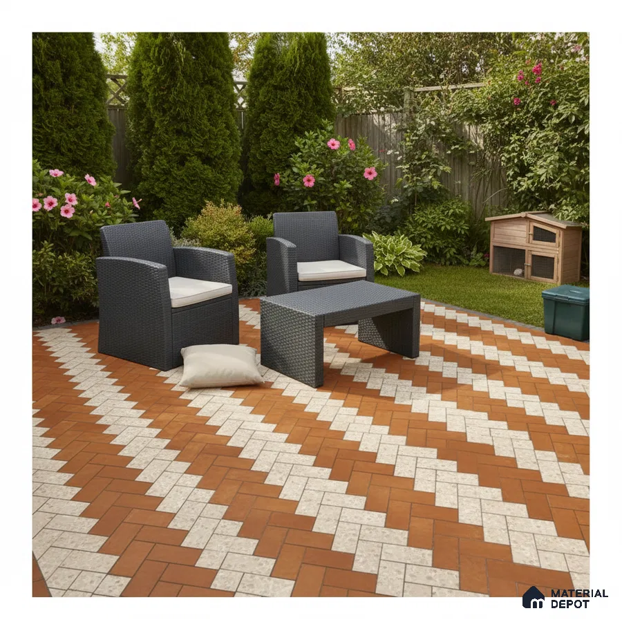 Modern outdoor patio with terracotta and ivory herringbone floor tiles and rattan furniture