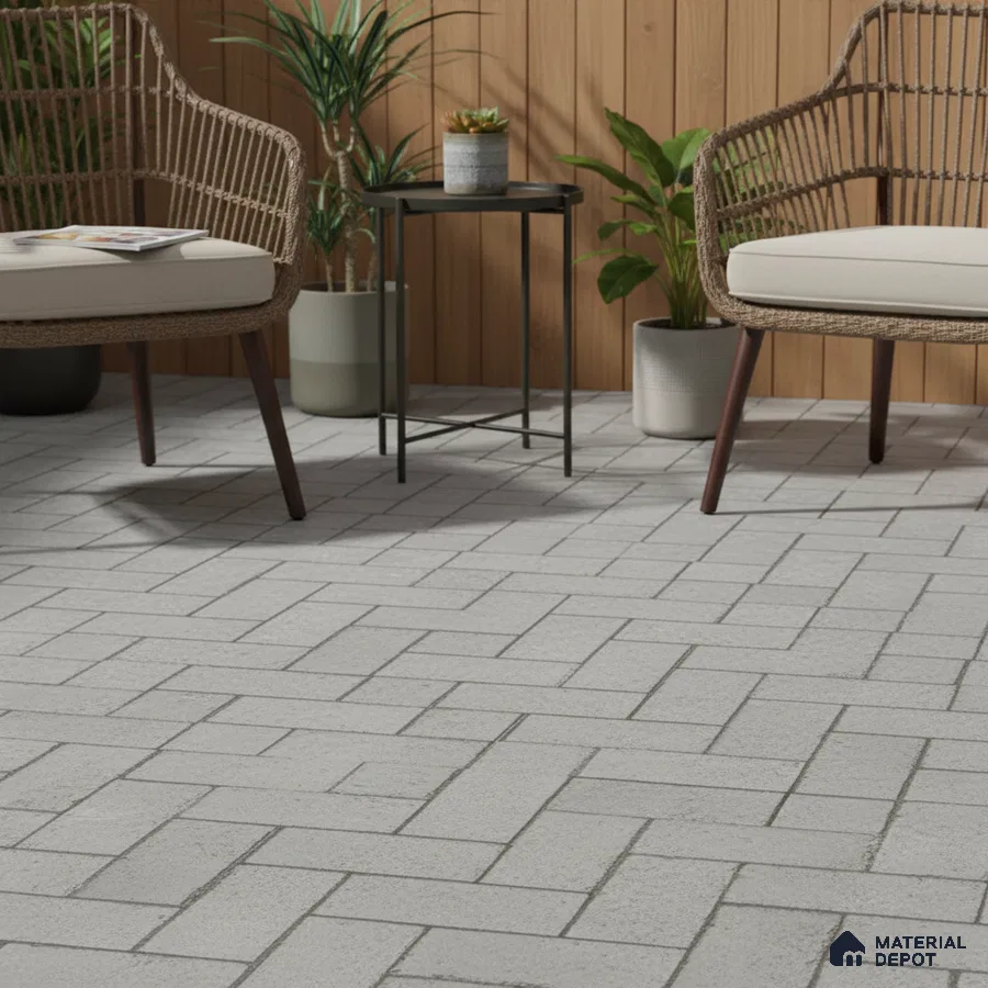 Scandinavian outdoor seating with light grey brick floor tiles and natural wood cladding
