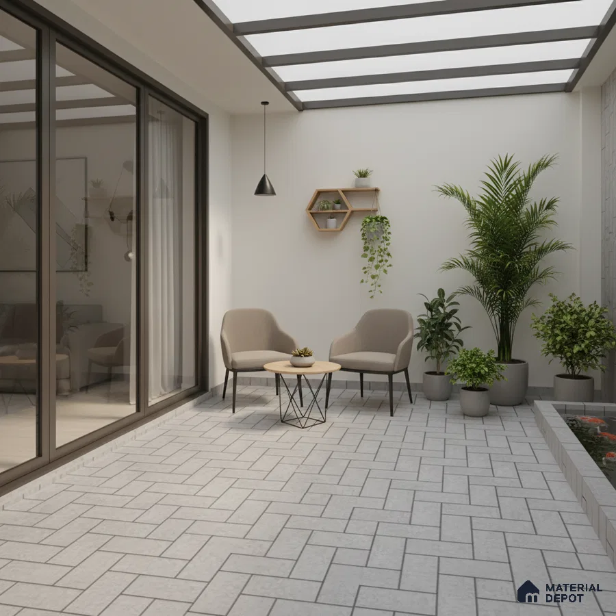 Minimalist balcony with light grey herringbone floor tiles and potted plants
