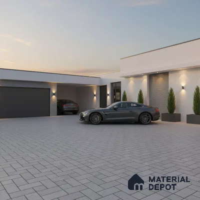 Modern parking area with grey stone cladding, light grey exterior paint, and geometric paver floor tiles