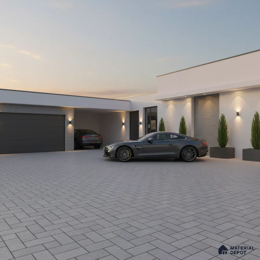 Modern parking area with grey stone cladding, light grey exterior paint, and geometric paver floor tiles