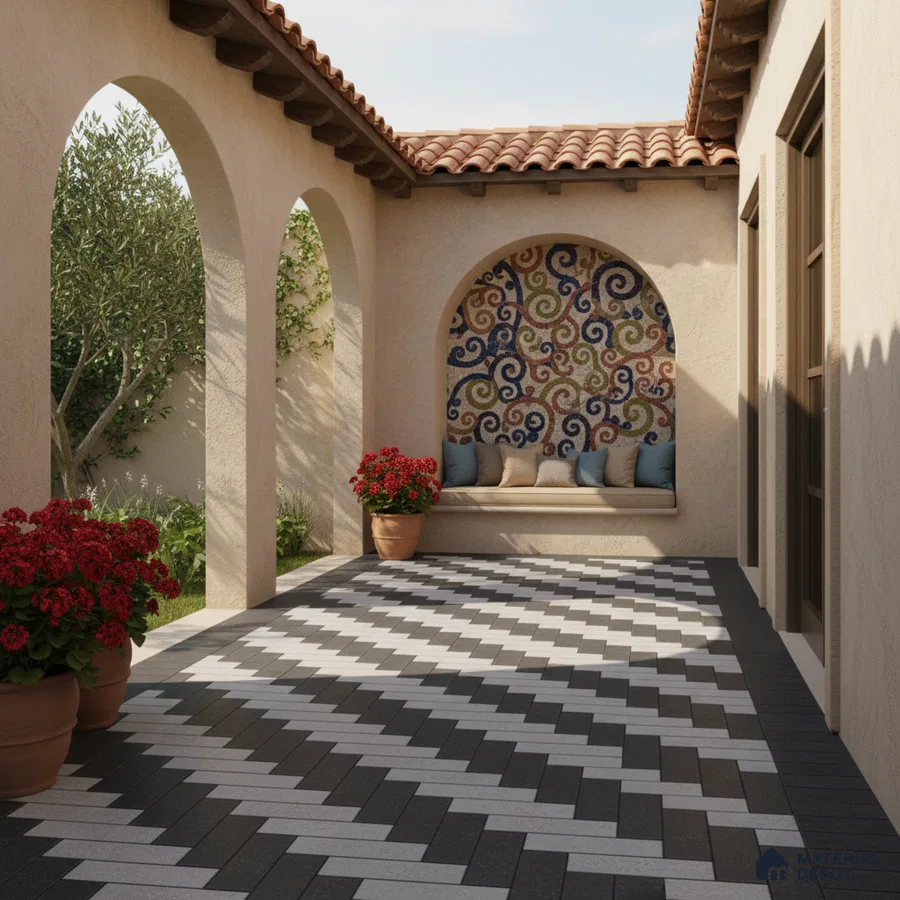 Mediterranean outdoor courtyard with terracotta roof, mosaic accent wall tile, and black-and-white herringbone floor tiles