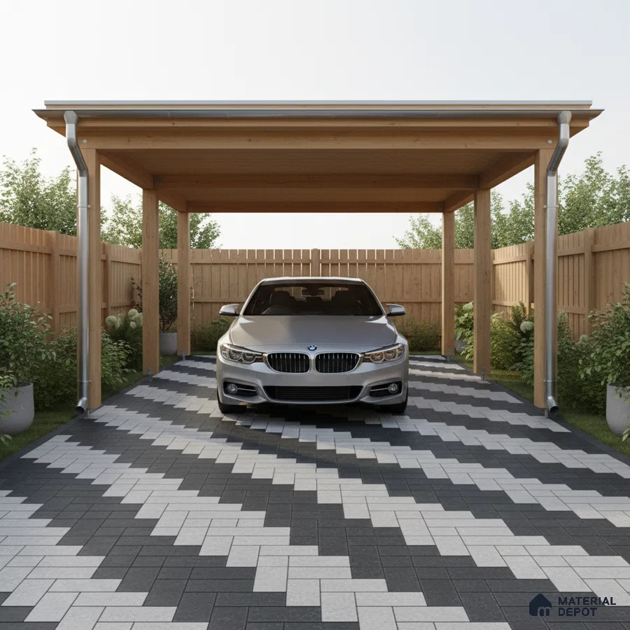 Modern parking with wooden carport and black-and-white geometric paver tiles