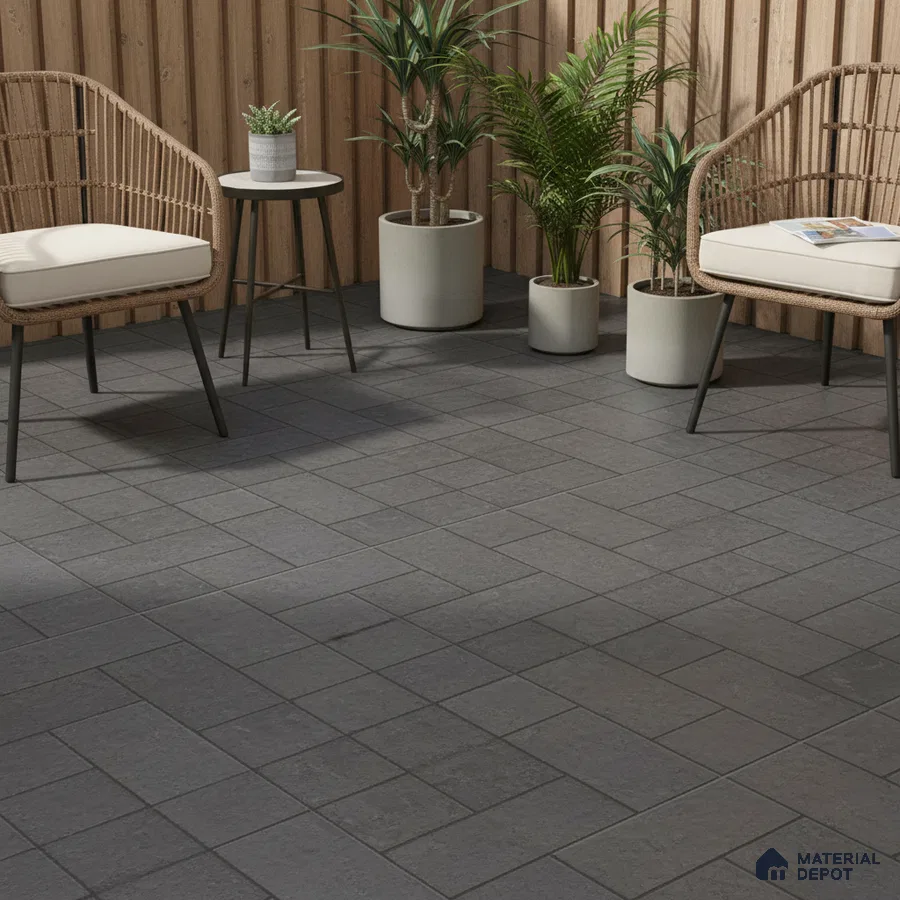 Scandinavian outdoor seating with grey stone floor tiles and vertical wood cladding