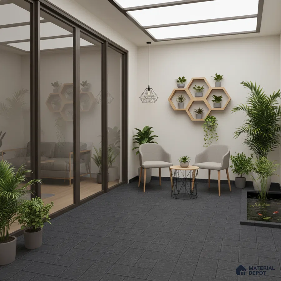 Scandinavian balcony with charcoal stone floor tiles and wooden hexagonal wall shelves