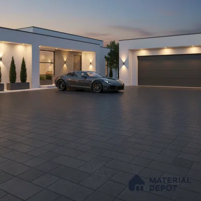 Modern parking with charcoal grey outdoor floor tiles and white exterior wall cladding