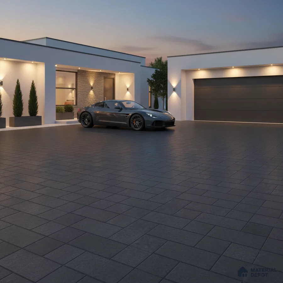 Modern parking with charcoal grey outdoor floor tiles and white exterior wall cladding