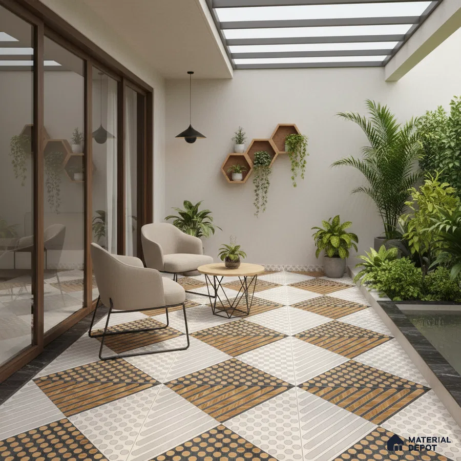 Modern outdoor patio with geometric patterned floor tiles and honey oak accents