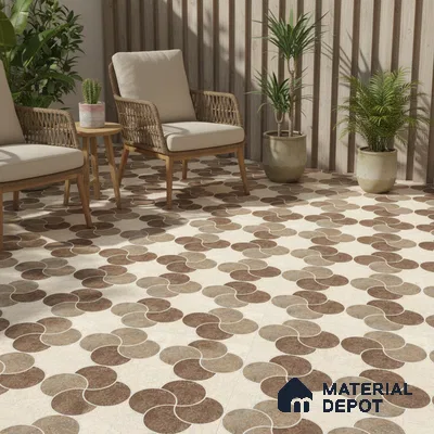 Scandinavian outdoor seating with geometric brown patterned floor tiles and wood slat wall