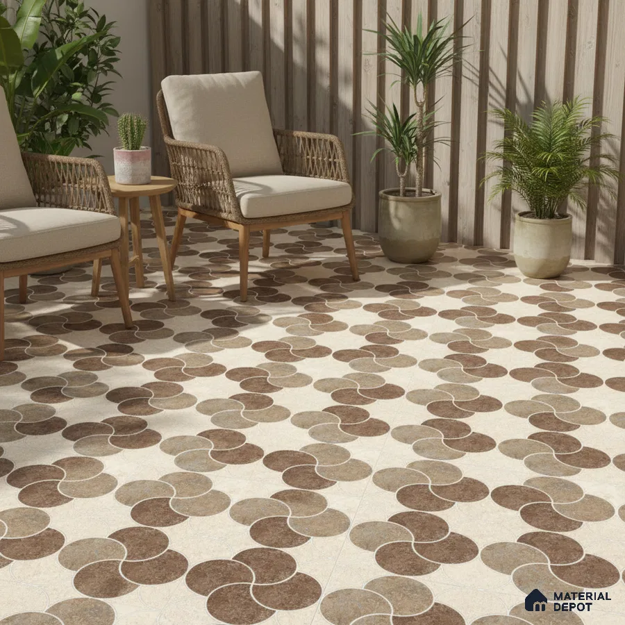 Scandinavian outdoor seating with geometric brown patterned floor tiles and wood slat wall