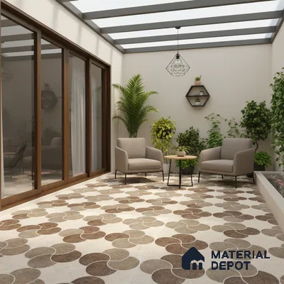Modern balcony with geometric brown patterned floor tiles and glass roof