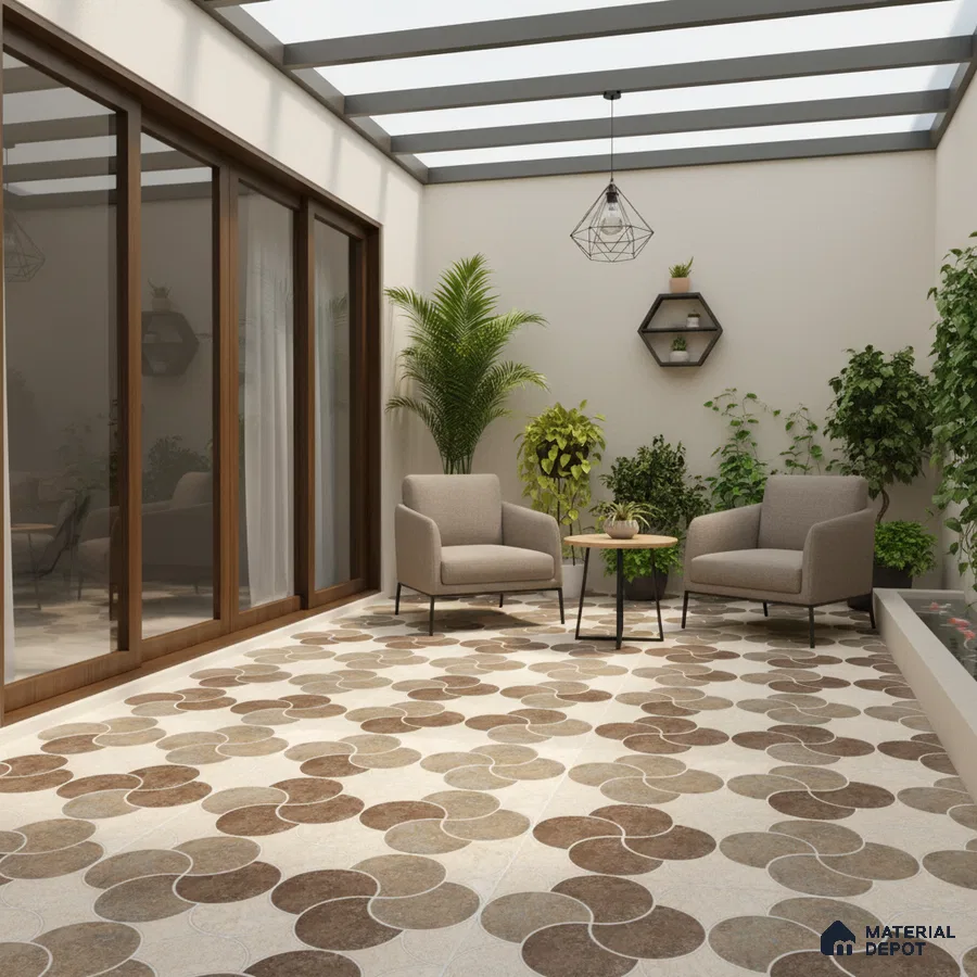 Modern balcony with geometric brown patterned floor tiles and glass roof