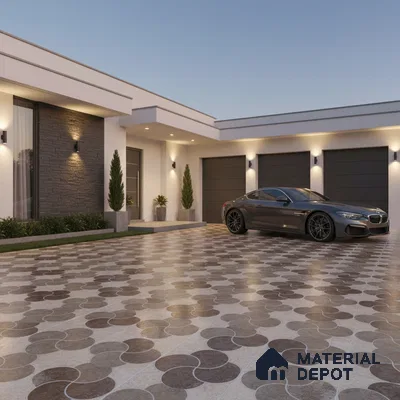 Modern parking with geometric brown and beige floor tiles and stone cladding accent wall