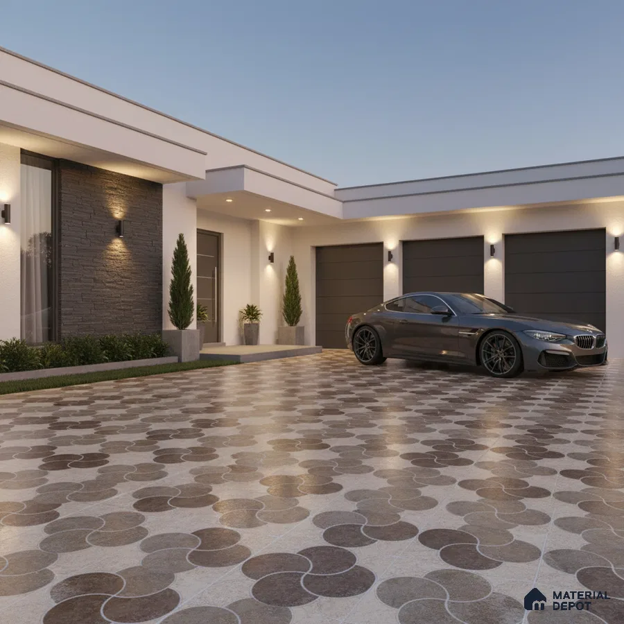 Modern parking with geometric brown and beige floor tiles and stone cladding accent wall