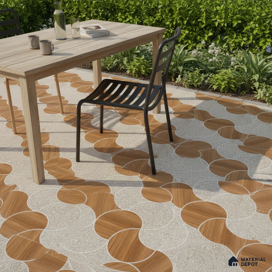 Modern outdoor space with geometric wood-look and terrazzo patterned floor tiles