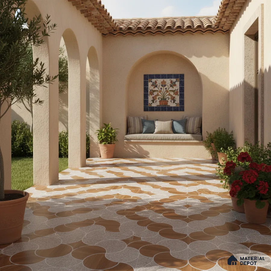 Mediterranean outdoor patio with terracotta roof, patterned floor tiles, and stucco walls