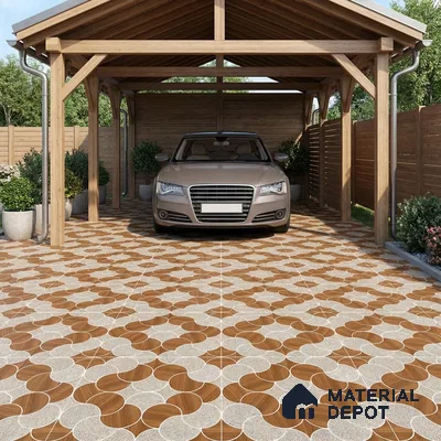 Modern parking with geometric brown and beige patterned floor tiles and wooden carport structure