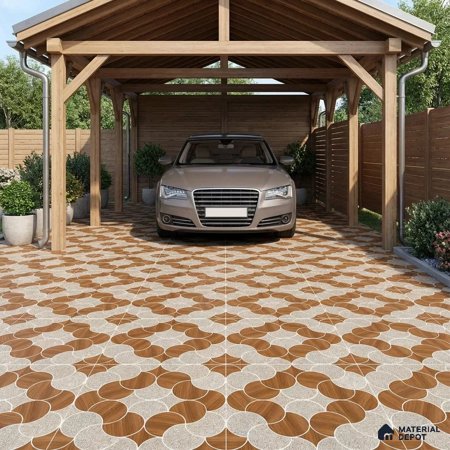 Modern parking with geometric brown and beige patterned floor tiles and wooden carport structure
