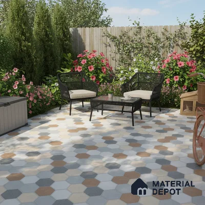 Modern outdoor patio with multicolor hexagonal floor tiles and black wicker furniture