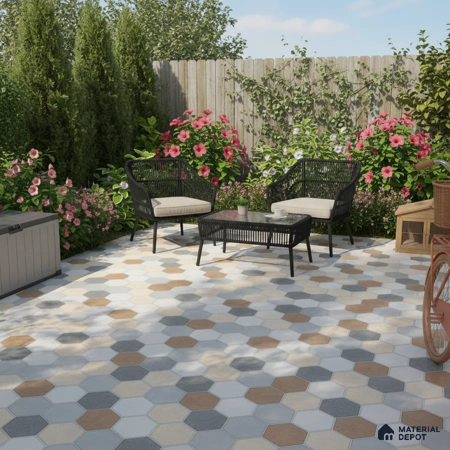 Modern outdoor patio with multicolor hexagonal floor tiles and black wicker furniture