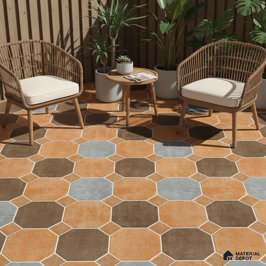 Scandinavian outdoor seating with terracotta and grey octagonal floor tiles and wooden louver fencing