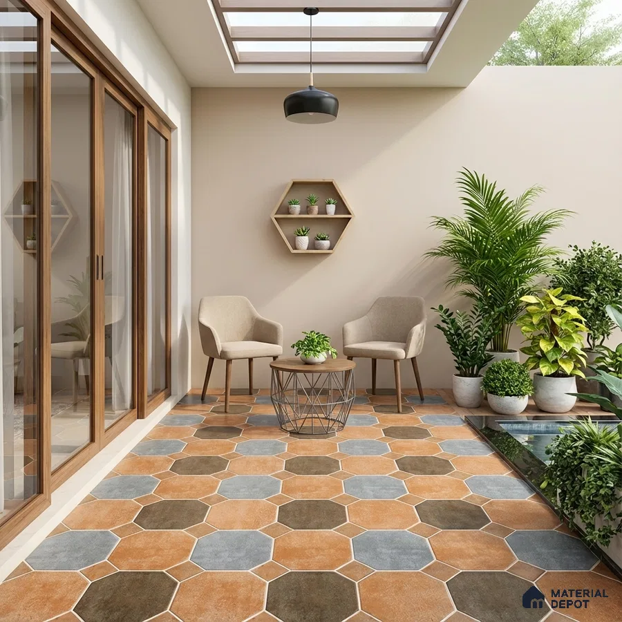 Modern balcony with multicolor octagonal floor tiles and beige wall paint