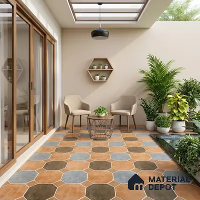 Modern balcony with multicolor octagonal floor tiles and beige wall paint