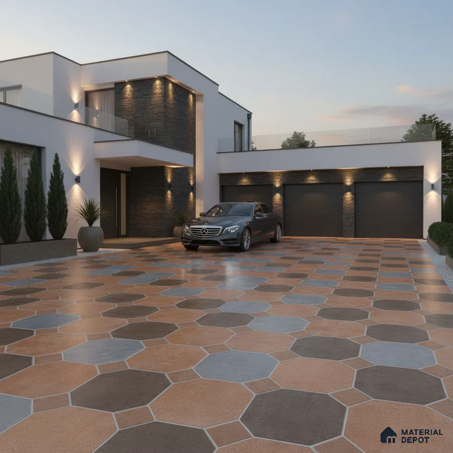 Modern parking with multitone hexagonal outdoor floor tiles and stone cladding accent walls