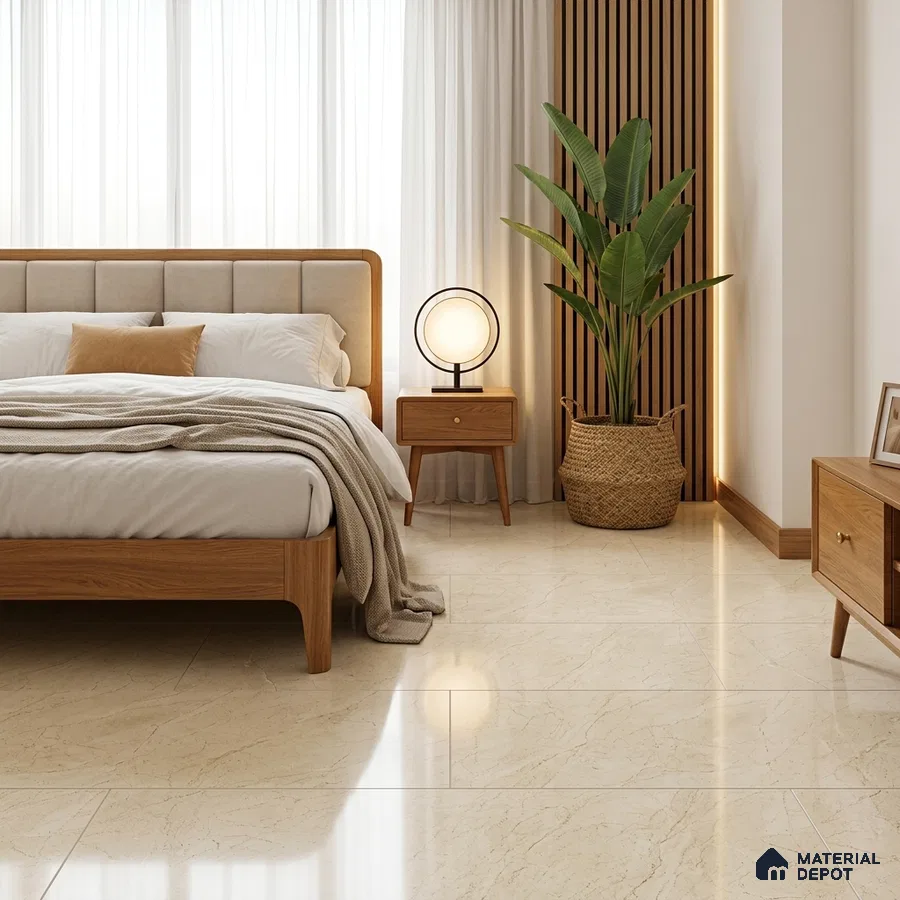 Modern Bedroom with Glossy Cream Beige Marble-Look Floor Tile