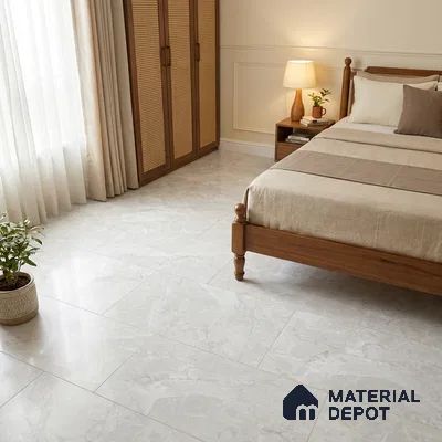Traditional Bedroom with Frosty White Marble-Look Floor Tile