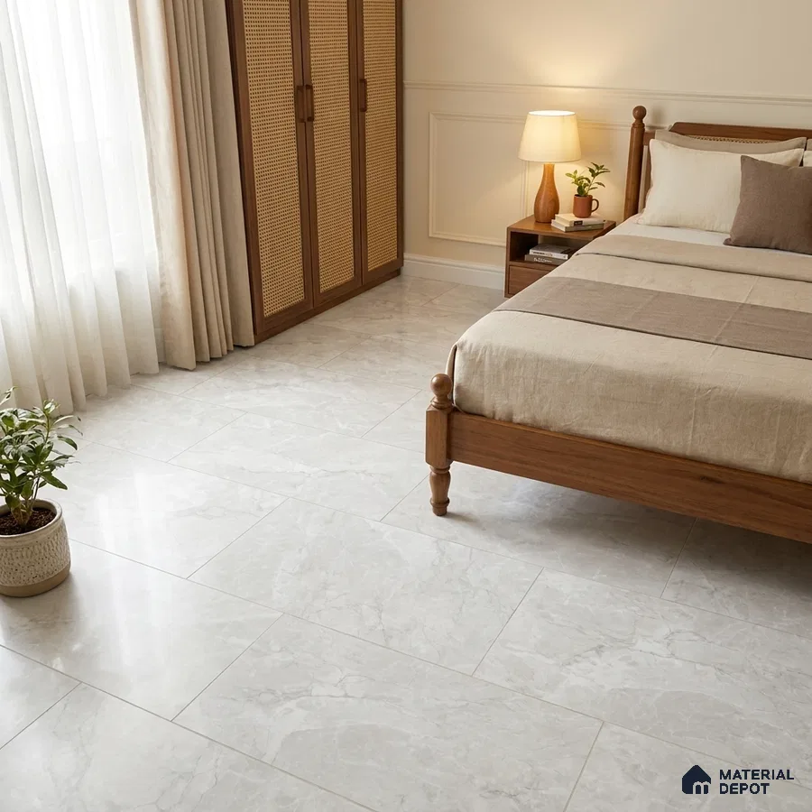 Traditional Bedroom with Frosty White Marble-Look Floor Tile