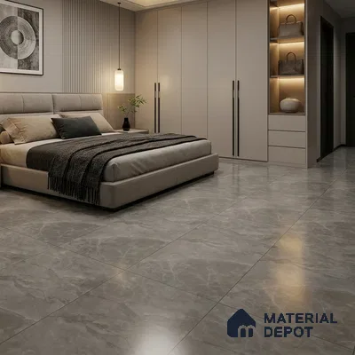 Modern Bedroom with Charcoal Grey Marble-Look Floor Tile