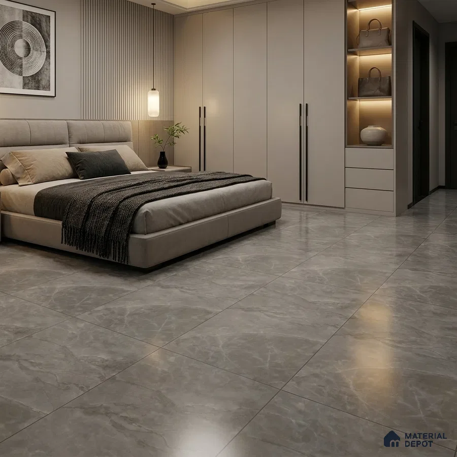 Modern Bedroom with Charcoal Grey Marble-Look Floor Tile