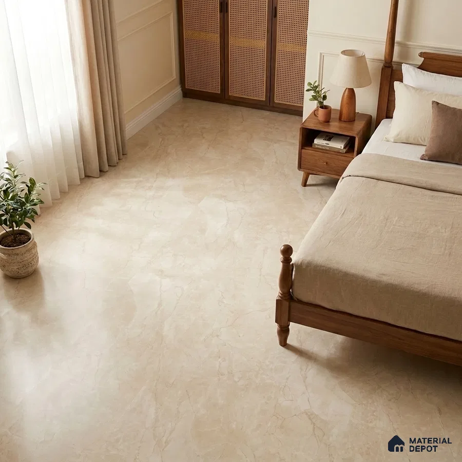 Traditional Bedroom with Cream Crema Marble-Look Floor Tile