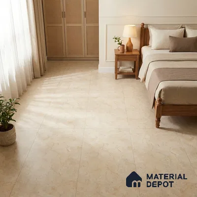 Scandinavian Bedroom with Cream Marble-Look Matte Floor Tile