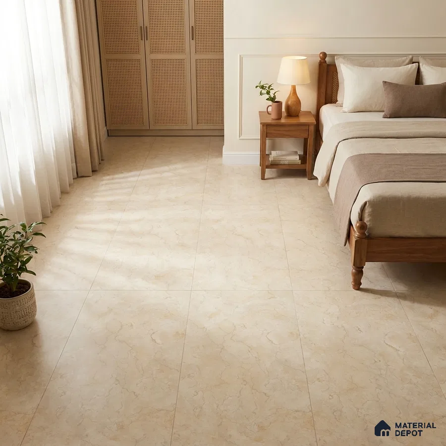 Scandinavian Bedroom with Cream Marble-Look Matte Floor Tile