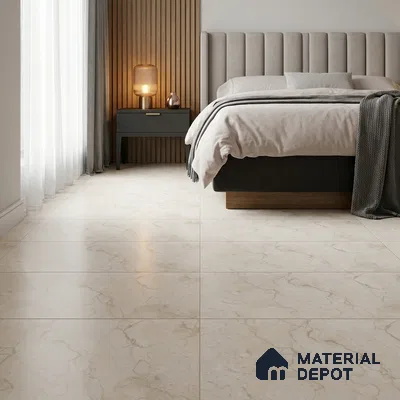 Modern Bedroom with Cream Marble-Look Glossy Floor Tile